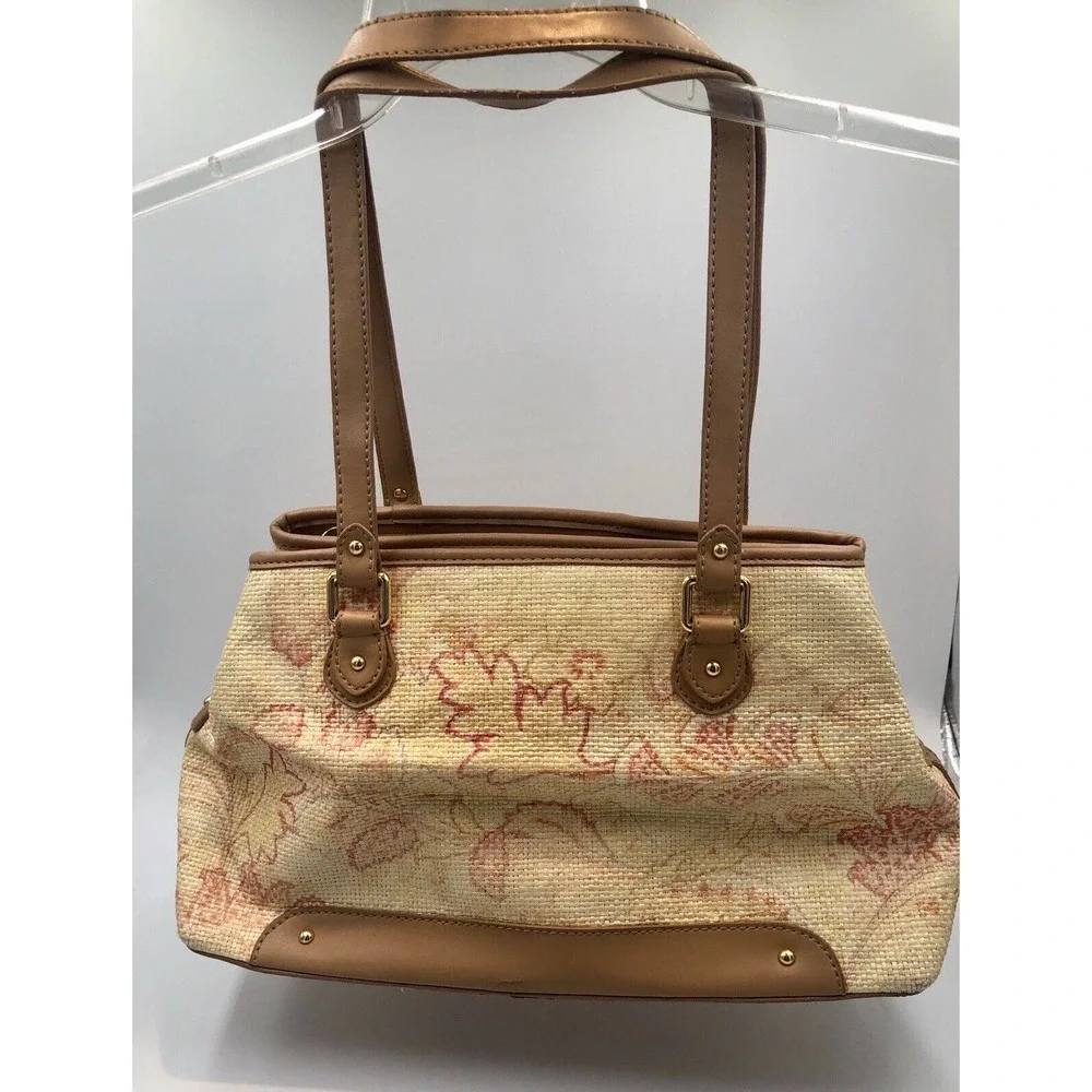 Etienne Aigner Floral Straw Hand Bag Cream Coral Camel Compartment Spring - Picture 10 of 13